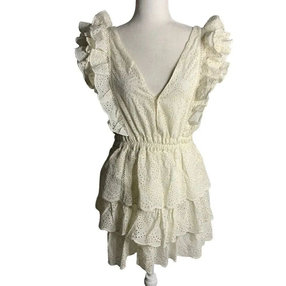 Love the Label Mini Dress Womens L Eyelet Tiered Off White Ecru V Neck Ruffles